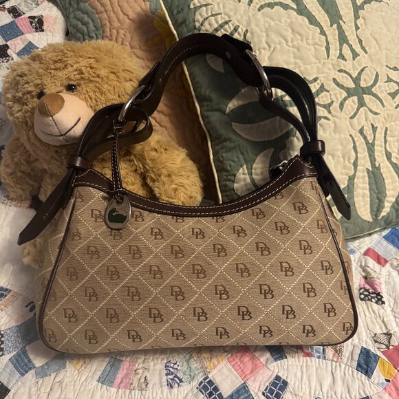 Dooney and Bourke Brown and Tan Elbow Bag with dark brown Fancy Leather Handle - Picture 1 of 6
